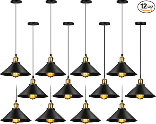 Retisee 12 Pcs Industrial Pendant Light Vintage Metal E26 Base Hanging Light Rustic Dome Pendant Lamp Fixture Farmhouse Kitchen Hanging Ceiling Lamp for Dining Room Bedroom Hallway Bar(Black)