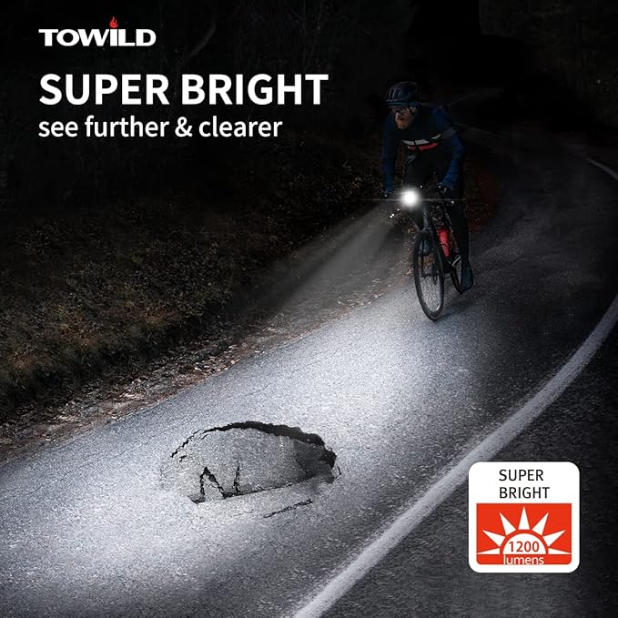 TOWILD CL1200 Bike Lights for Night Riding,Compatible with Garmin/GoPro Mount,1200 Lumen Bright Bike Headlight,5000mAh Rechargeable Battery,Waterproof Bike Front Light for Commuter Cyclists