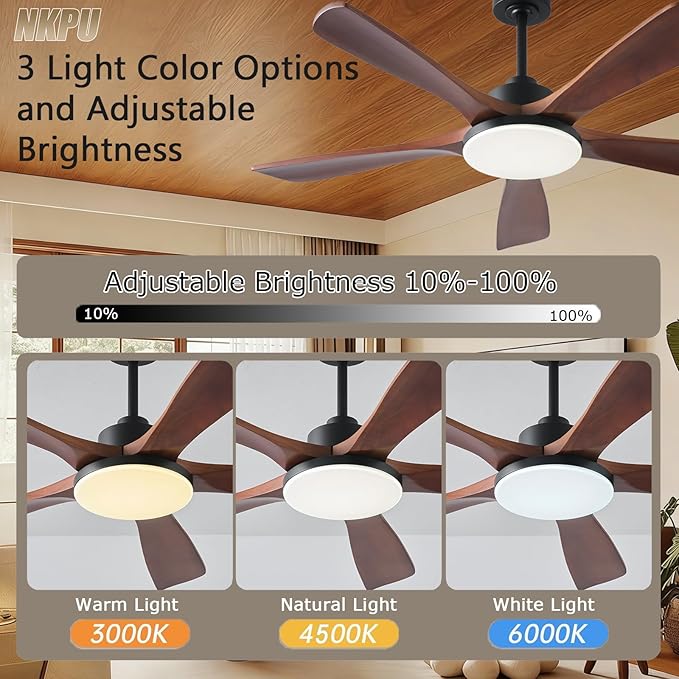 Ceiling Fans with Lights and Remote Control, 5 Solid Wood Blades, 3CCT Dimmable, Quiet DC Motor, 56 Inch Modern Outdoor Ceiling Fans for Bedroom Farmhouse Patios