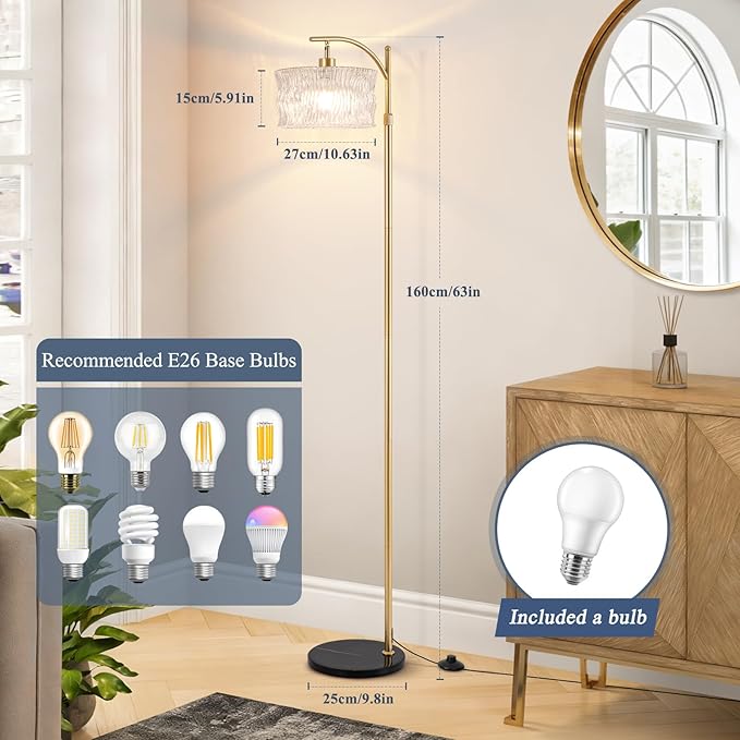 Dimmable Glass Floor Lamp for Living Room, Modern Gold Standing Lamp with Remote Control, Vintage Clear Glass Lampshade Tall Lamp for Bedroom Study Room(LED Bulb Included)