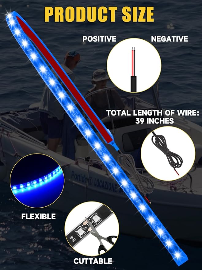 Led Light Strip Exterior Interior 24inch 5050 SMD Led Strip Light IP68 Waterproof Flexible Lights 12V for Car SUV Truck Marine Boat Golf Cart Blue Pack of 4