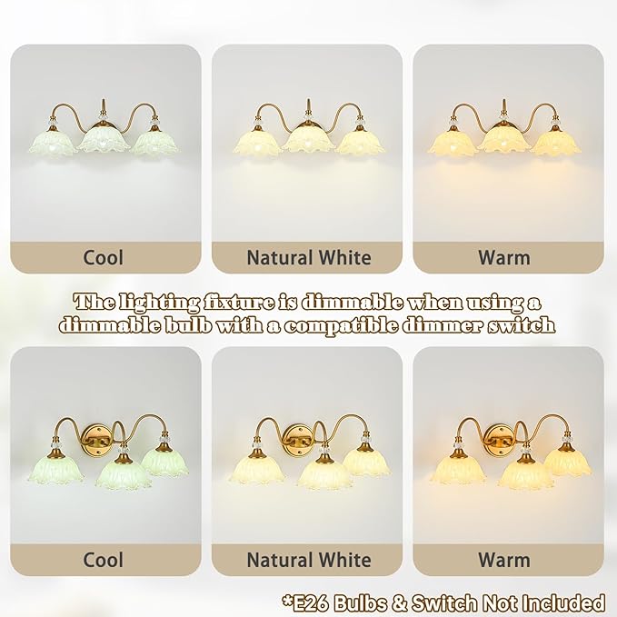 Vintage Bathroom Vanity Light, 3-Light Matte Brass Finish Vanity Light with Floral Yellow Glass Shades, Retro Wall Sconce for Bathroom, Dressing Table