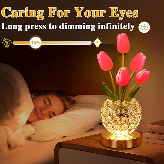 Mothers Day Gifts/Birthday Gifts for Women/Mom Table Lamp, 3 Color Crystal Flower Bedside Lamps Infinitely Dimming with USB Charge Small Night Light,Nightstand Touch Lamp for Bedroom (red-tulip)