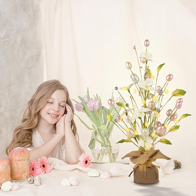 RoseCraft Easter Decorations, 18 Inch Easter Artificial Egg Tree Tabletop Decor with Delicate Ornaments, for Home Party Wedding Holiday Spring Summer Decoration, Pink/White.