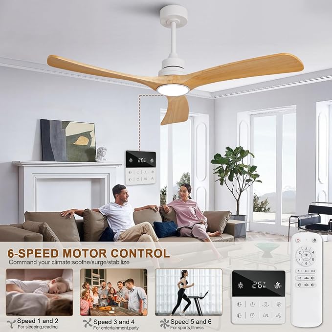 Ceiling Fan with Light 52 inch,Remote Control,Wall Switch,Solid Wood Blades,Dimmable,Reversible Quiet DC Motor,Power Off Memory Modern White Ceiling Fan for Bedroom Patio Indoor/Outdoor Use