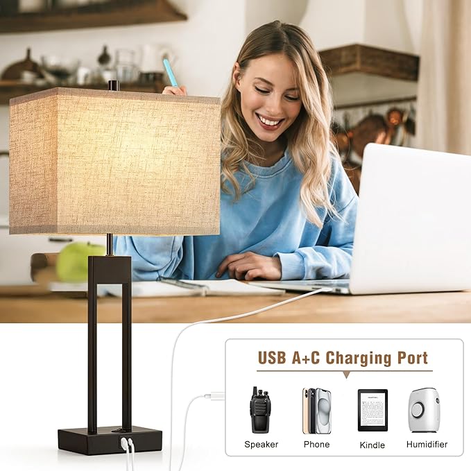 25.5’’ Nightstand Table Lamps for Bedrooms Set of 2, Bedside Lamp with USB C+A, 3 Colors Changeable Living Room Lamps for End Tables, Modern Night Stand Lamps for Bed Side Guest Room Office Reading