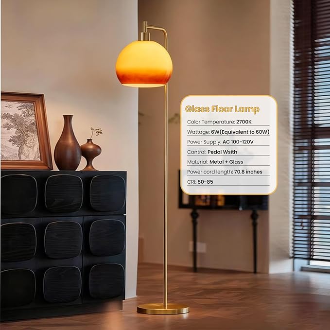 Soft Glow Decorative Floor Lamp - 67" Metal Pole Sunset Glass Lamp, Pedal Switch & E26 Bulb, Perfect for Bedroom Living Room Office Scandinavian/Minimalist/Contemporary Interiors