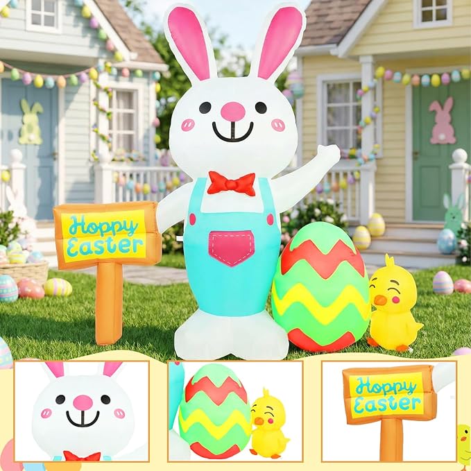 5FT Easter Inflatable Outdoor Decorations Bunny with Egg & Chick Blow Up Yard Ornament with Soft LED Illumination Stable Blower & Fixing Kit for Spring Lawn Decor Garden Holiday Party Display
