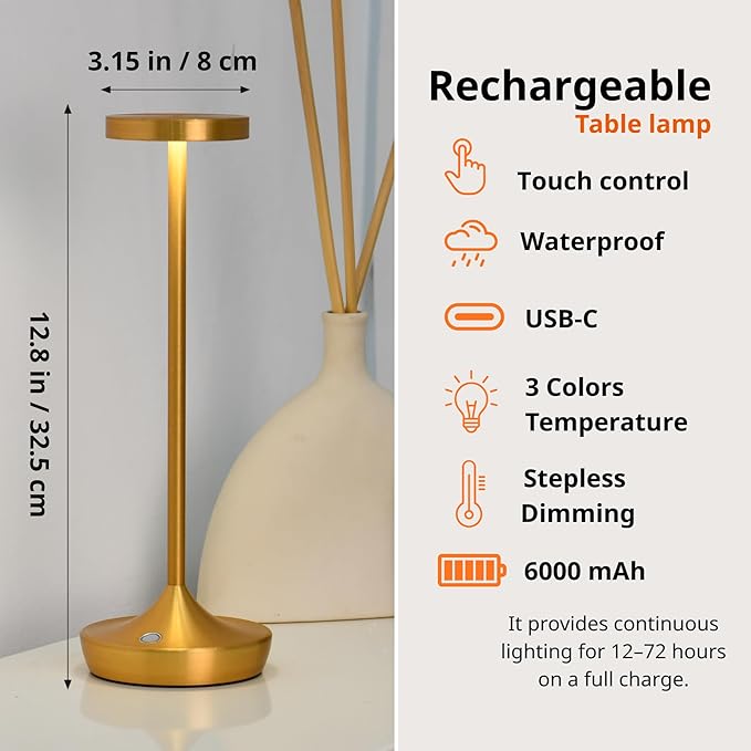 Rechargeable Table Lamp Cordless - 6000mAh Battery Operated LED Table Light - Portable Touch Dimmable Outdoor Waterproof Table Lamps for Patio Restaurant Dining (2 Gold)