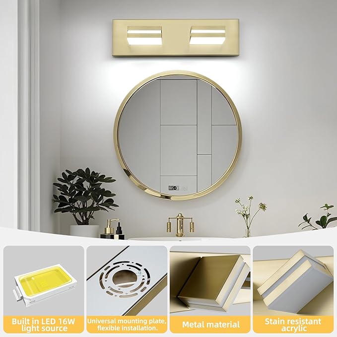 OKELI 2 Lights Bathroom Vanity Light Fixtures Gold LED Dimmable Vanity Light Over Mirror Modern Wall Mounted Lighting Fixture, 350° Rotatable Lamp Head 24W Cold White 6000K ETL Listed