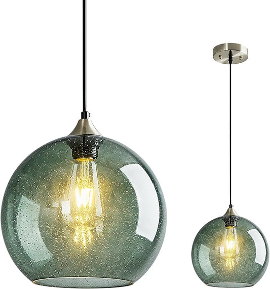 Gray Green Glass Pendant Lights Kitchen Island Lighting Globe Pendant Light Fixtures Modern Pendant Lighting for Kitchen Island Bedroom Living Dining Room Light Fixture(9.84in, 1-Pack)