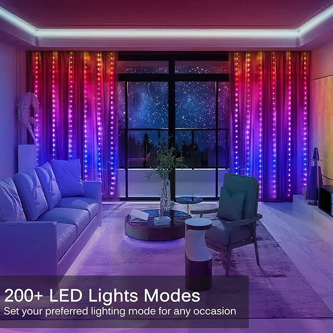 LED Curtain Lights, 6ft x 8ft 144 LED RGB Color Changing String Fairy Lights Curtain with Smart APP Control, Music &Voice Sync for Bedroom Backdrop Wall Indoor Outdoor Christmas Decorations