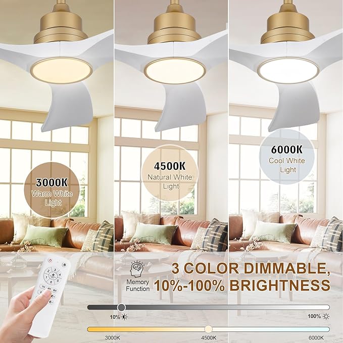 White Gold Ceiling Fans with Lights,42 inch Solid Wood Ceiling Fan with Remote Control,Wall Switch,Dimmable,Reversible,Power Off Memory Modern Ceiling Fan for Bedroom Patio Indoor/Outdoor Use