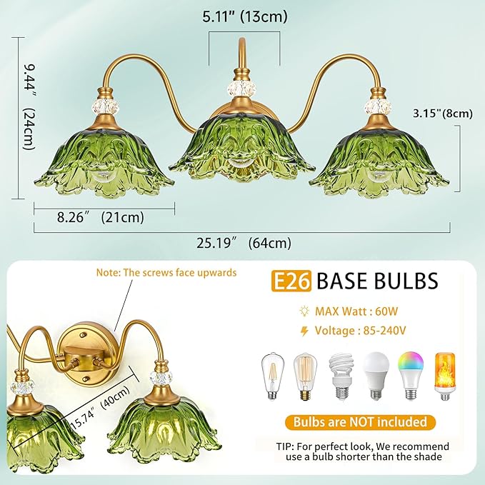 Vintage Bathroom Vanity Light, 3-Light Matte Brass Finish Vanity Light with Floral Green Glass Shades, Retro Wall Sconce for Bathroom, Dressing Table