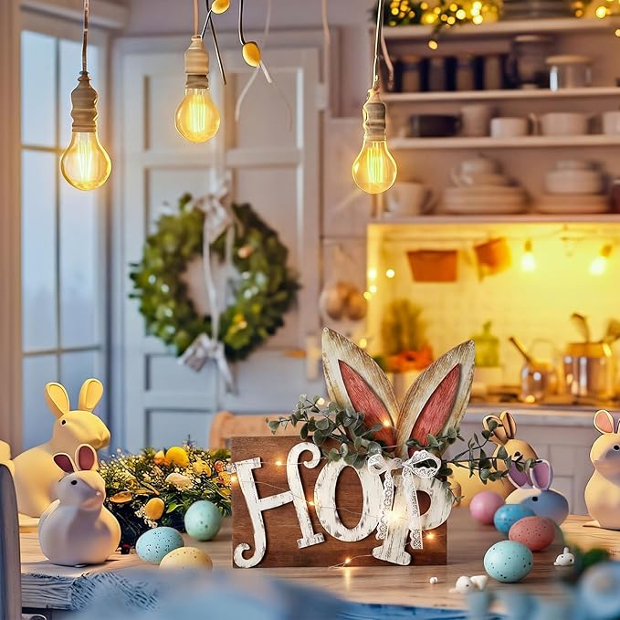 Leinuosen Easter Table Decoration Wooden Sign with LED Lights, Easter Lighted Decor Rustic Farmhouse Table Centerpiece with 3D LED Bunny Ears for Tiered Tray Home Spring Party Decor