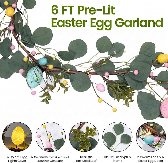 Easter Decorations 6FT Prelit Lighted Easter Garland, Eucalyptus Garland with Easter Eggs, Berries & Buds - 20 LED Lights 8 Modes with Timer, Battery Operated for Mantle Door Table Home Indoor Outdoor