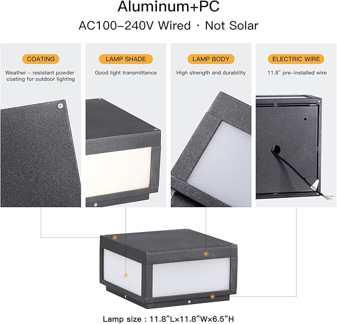 Outdoor Post Lights Hard Wired, AC100-240V 11.8" Column Light, Square Pillar Lamp Electric, 3000K LED Lighting, IP54 Waterproof Modern Gate Lantern Fence Posts Cap Lights for Garden Patio Outside