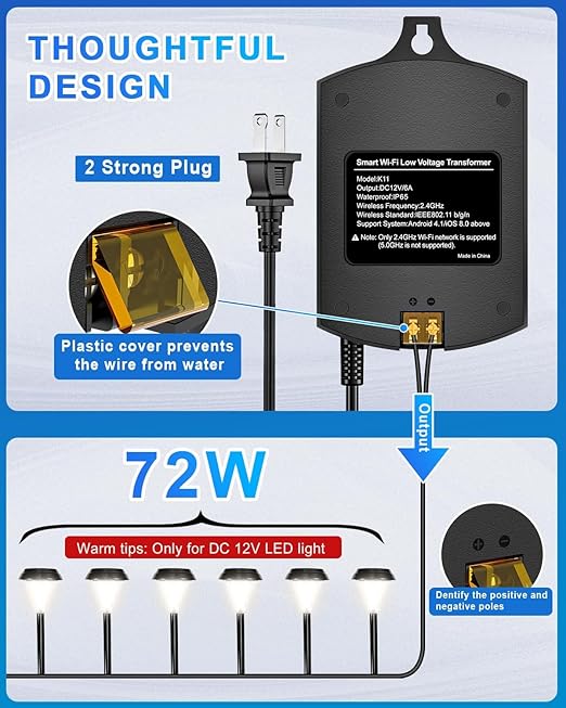 72W WiFi Low Voltage Landscape Transformer, Outdoor Landscape Light Transformer with Timer, 120V AC to 12V DC Low Voltage Transformer for Pathway Lights, Smart App/Voice Control/Remote K11