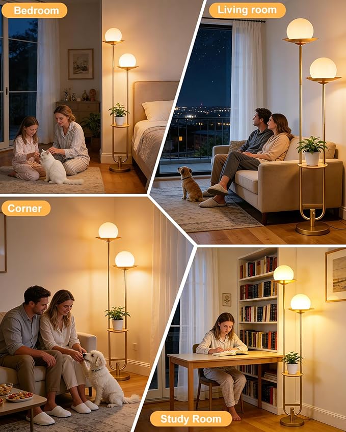 Lightdot 63IN Gold Floor Lamp with U Pole, 2 Globe Mid Century Standing Lamps Dimmable with 3000K Warm White LED Bulbs, Unique Vintage Tall Floor Lamp for Living Room/Wedding/Party