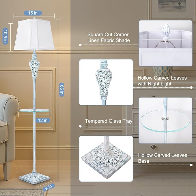 Vintage Floor Lamp with Night Light and Glass Tray, 65" High Retro Standing Lamp with Washed Blue Finish and White Linen Shade, Farmhouse Tall Lamp Decor for Living Room Bedroom House (Bulb Included)