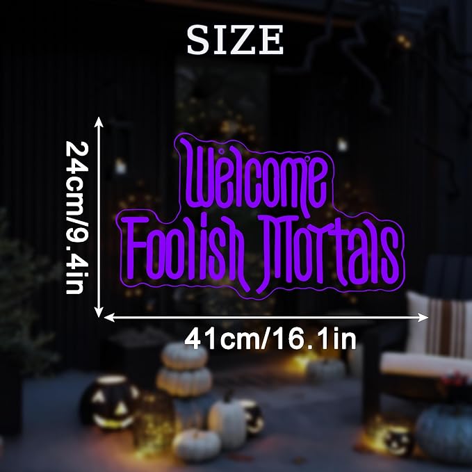 Welcome Foolish Mortals Neon Sign, Anime Fans Neon Light Spooky Gothic Haunted Mansion LED Coffin Decor USB Powered, for Horror Party Haunted House Man Cave Home Room Themed Bars(16.1 * 9.4 In)