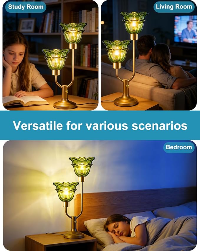 Lightdot Mid Century Modern Flower Table Lamp Gold Dimmable U-Shaped Green Glass Desk Lamps with 2Pcs 3000K Warmwhite Bulbs Included Bedside Nightstand Lamp for Living Room Bedroom
