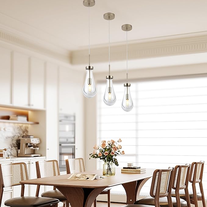 Brushed Nickel Pendant Light Fixtures, Teardrops Pendant Lights,Glass Pendant Lights Kitchen Island,1-Light Raindrop Pendant Lighting, for Kitchen Island,Dining Room,Bedroom, Bathroom
