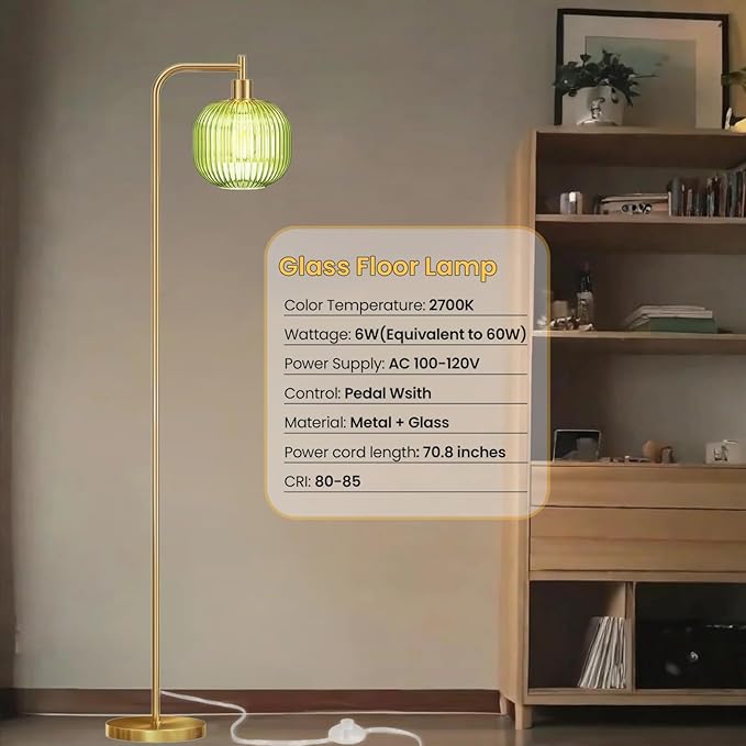 Glass Floor Lamp,67" Modern Standing Lamp with Sunset Grapefruit Glass Lampshade Metal Pole for Living Room, Bedroom, Office - Heavy Base,Pedal Switch (Include Bulb) (Green)