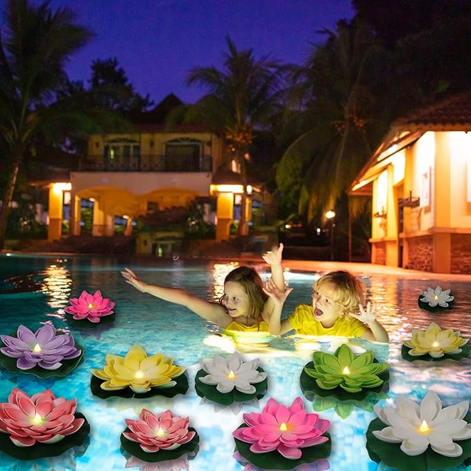 LACGO Waterproof Floating Lotus Light, 12PCS Floating Lily Light Water Activated Artificial Flowers Battery Operated for Wedding Pool Anniversary Garden Decoration(6 Inch, Mix-Color)