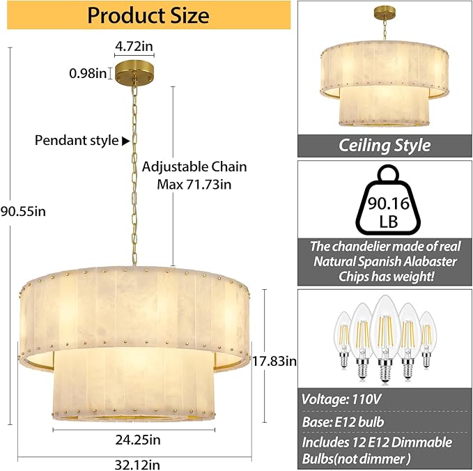 Alabaster Chandelier D32in Spanish Natural Marble Round Chandeliers, 2 Tiers Alabaster Pendant Light,Modern Living Room Chandelier, Dimmable Gold Chandeliers for Dining Room,Bedroom,Bathroom,Entryway
