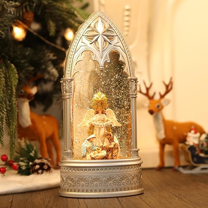 11.8 Inch Angel Snow Globe, Christmas Lantern with Glittering Lighted Plug-in, 3 AA Battery Operated & USB Powered, Angel Snow Globe Lantern for Christmas Home Decoration and Gift