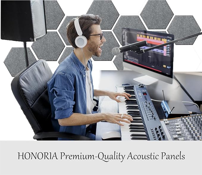 HONORIA 12-Pack Acoustic Panels, Soundproof Wall Panels, Hexagon Self-Adhesive 12"X10"X0.4, High Density Sound Dampening Panels - Dark Grey