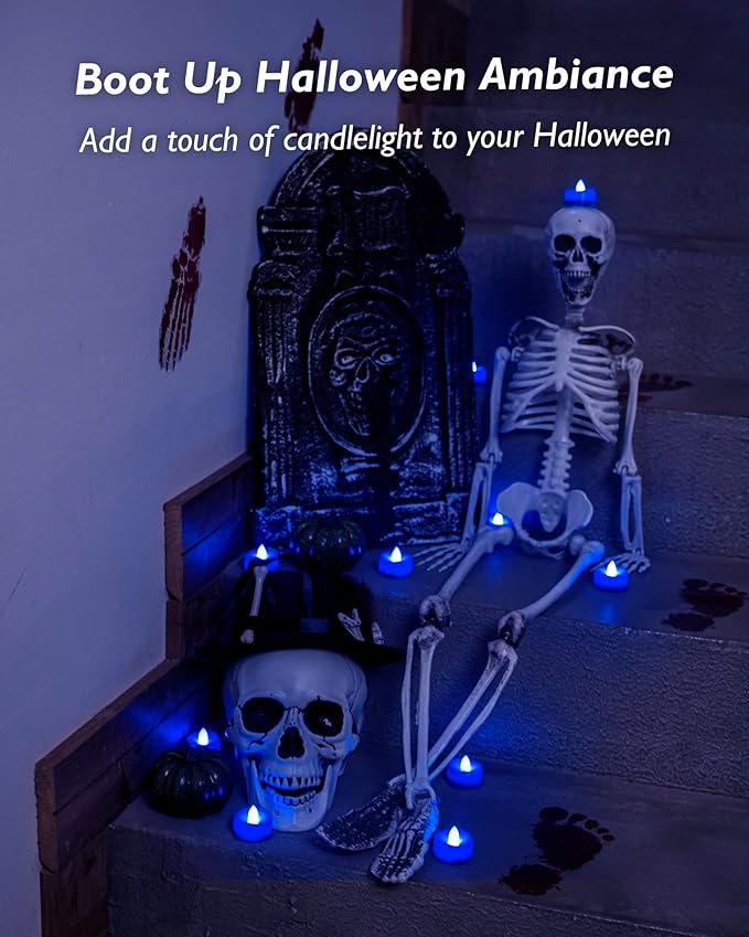 Flameless Candles, 12 Pack Tea Lights Candle Battery Operated, LED Tealight Votives, Realistic Tea Lights for Halloween Christmas Party Decor -D 1.5” x H 1.25” -Blue Light