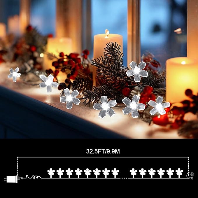 LAMPHOME White Flower String Lights, 33ft 100 LED Cherry Blossom Plug in Easter Christmas Tree Hanging Fairy Lamp, 16funstions Garden Bedroom Indoor Decorations for Fence, Wedding Birthday Party