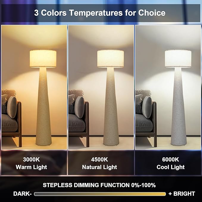 Boho White Floor Lamps for Living Room, Dimmable Standing Lamp with Remote and Bulb, Mid Century Column Tall Lamp with Fabric Shade, 3 Color Temperatures, Farmhouse Stand Up Light for Bedroom