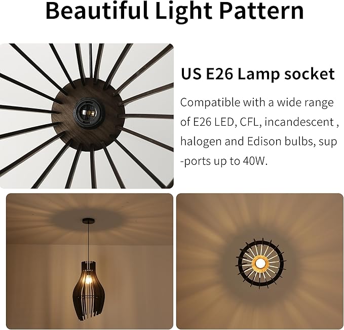 Vintage Wood Pendant Light Fixtures, Modern Farmhouse Walnut Dining Room Chandelier, Mid-Century Ceiling Mount Hanging Light Fixture for Kitchen, Bedroom, Living Room, Foyer, Art Decor, Black