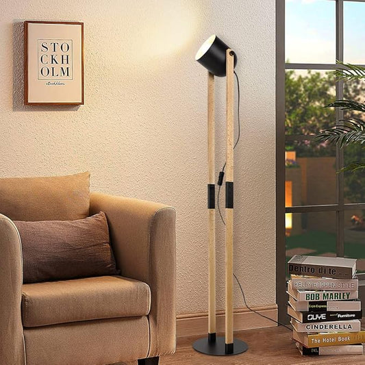 Depuley Modern Floor Lamp, Wooden and Metal Floor Lamps for Living Room, 360° Heads Rotatable Standing Light with Pressure Switch, Reading Lamp for Bedroom Office Decoration, E26 Bulb Included