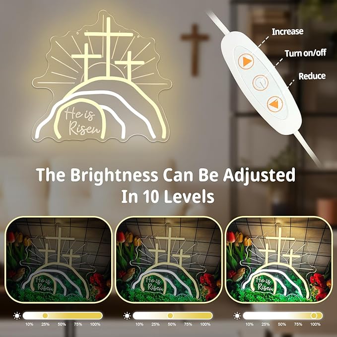 Empty Tomb Easter Neon Sign Dimmable He Is Risen Led Sign Christian Resurrection Cross Neon Lights Calvary Light Up Jesus Nativity Scene Religious Wall Decor