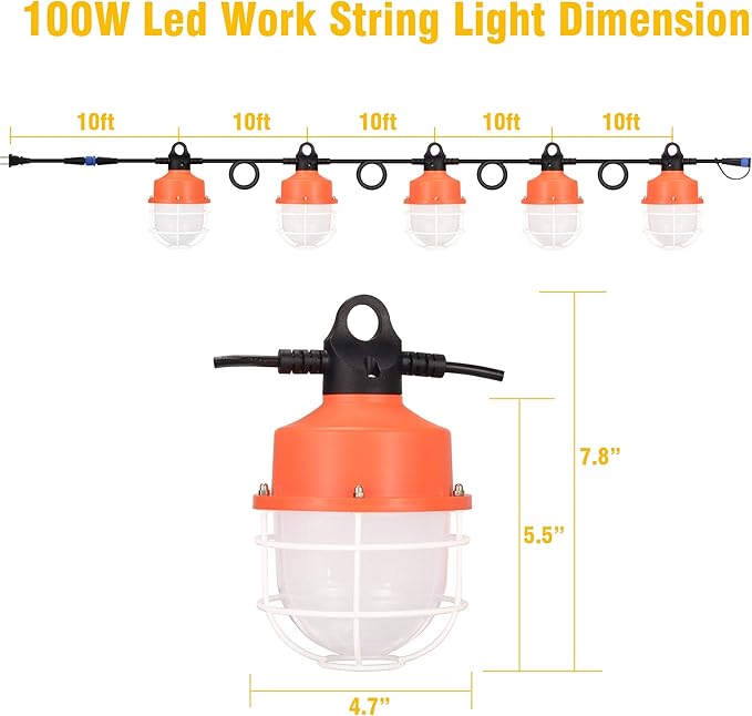 dephen 100W LED Construction String Lights, 50ft Linkable Worklight, 14000Lm Portable Outdoor Lamps, Plug in Temporary Lighting for Job Site, Workshop, Garage, Warehouse UL-Listed