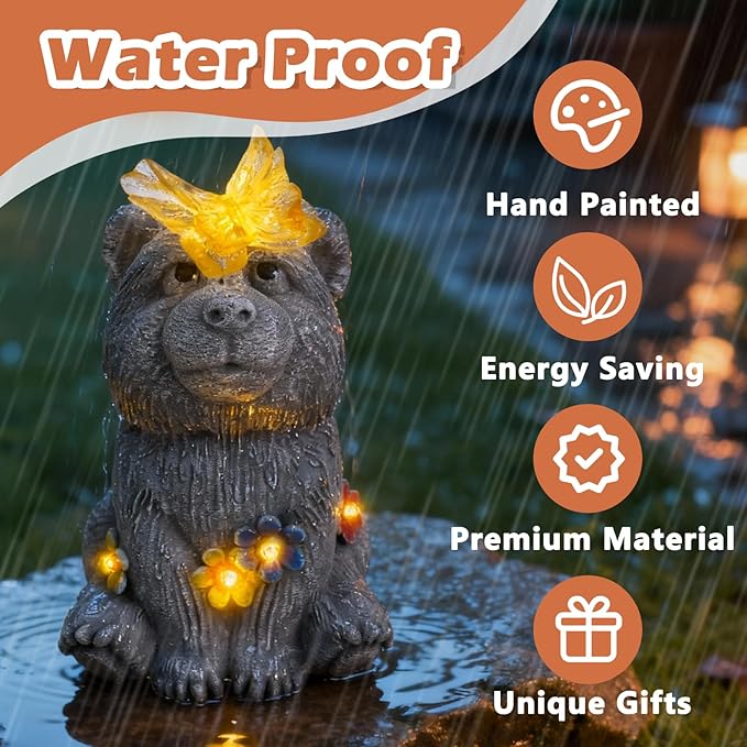 Solar Baby Bear Garden Statue with Butterfly Light - Cute Bear Cub Figurine Decor with Flower Accents - Outdoor Decor for Patio Lawn - Christmas Housewarming Birthday Gifts for Grandma Mom Women