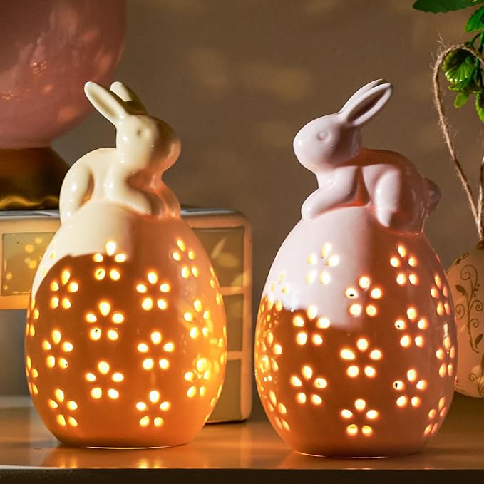 WDS WONDROUS Light Up Easter Decorations Bunny and Egg Figurines Set, LED Pink & Yellow Easter Spring Home Decor, Ceramic Rabbit Egg Sculpture for Farmhouse Tabletop Centerpiece Wedding Gifts 2PCS