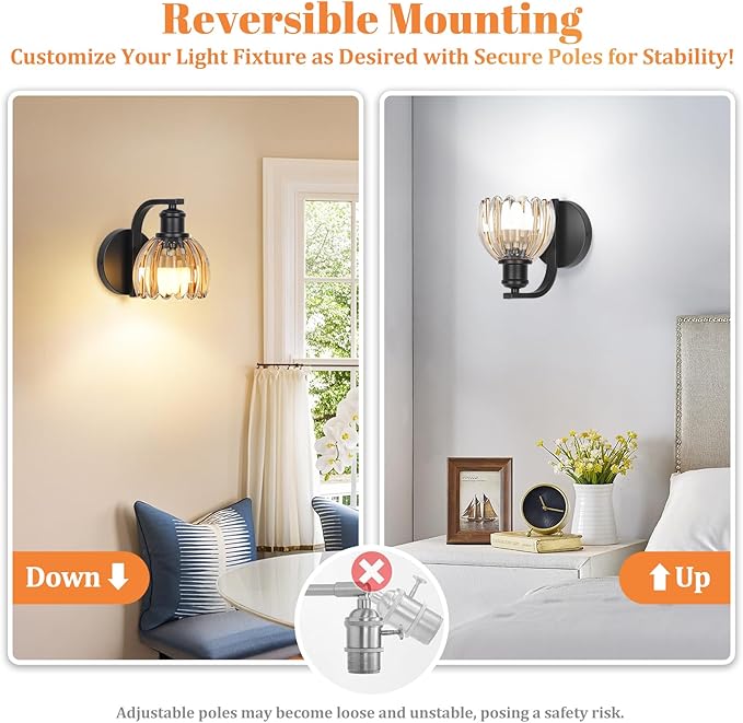 Rechargeable Battery Operated Wall Sconce with Amber Glass Lampshade, Wireless Wall Scone Decor with Remote Control, 15 Colors Black Wall Light for Bedside Hallway Bedroom Doorway