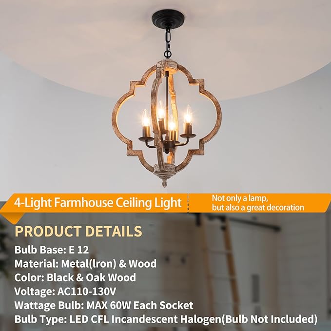 16.14" 4-Light Farmhouse Wood Chandelier, Rustic Orb Pendant Lighting Fixture with Adjustable Chain, Vintage Ceiling Hanging Lights for Foyer Entryway Dining Room Kitchen Island, Handmade Oak Finish