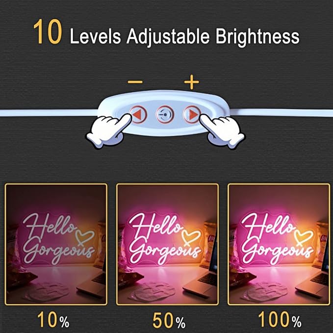 Hello Gorgeous Neon Light for Wall Decor, Pink USB Powered LED Sign with Dimmable Switch, Neon Sign for Home, Wedding, Birthday Backdrop, Party (Pink)