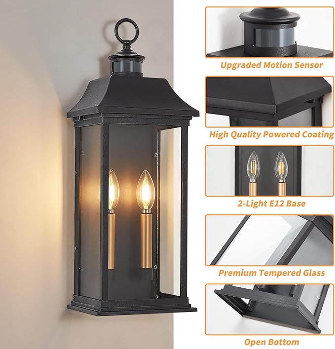 Dusk to Dawn Motion Sensor Outdoor Wall Lantern 2-Light,21.1" Large Exterior Wall Sconce Lighting,Modern Black Wall Light Fixture with Glass, Waterproof Exterior Lamp for Patio, House, Porch, Garage