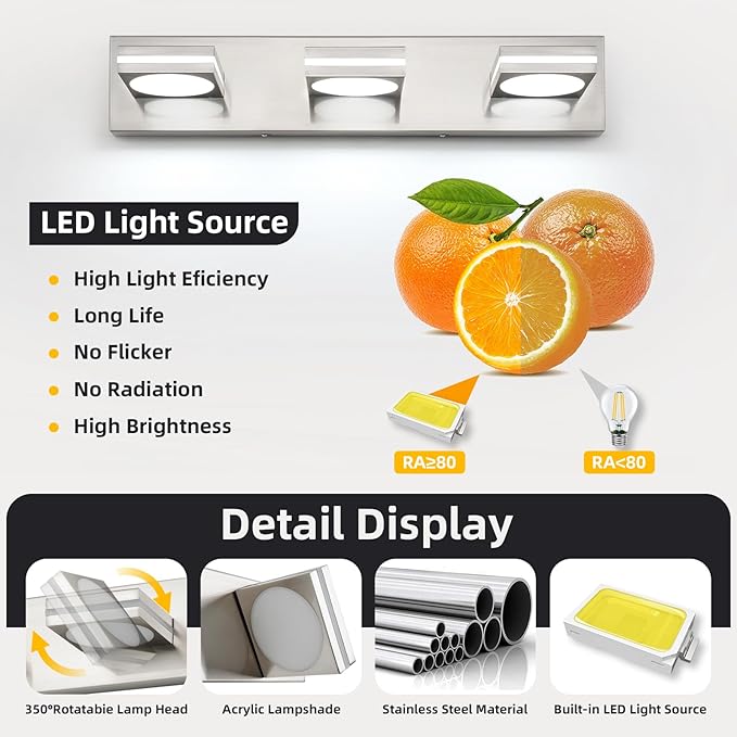 OKELI LED Modern Bathroom Vanity Light Fixtures (3-Light, 22-Inch), Brushed Nickel Acrylic Bathroom Wall Lighting Fixtures Over Mirror, 3CCT, ETL Listed, Dimmable