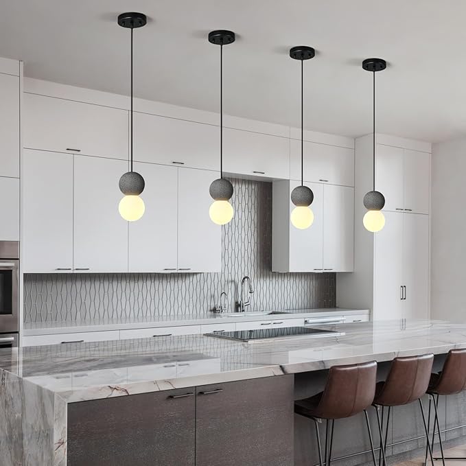 Modern Black 1-Light Concrete Pendant Light Kitchen Island Ceiling Light Fixture White Glass Globe Ball Pendant Lighting for Dining Room Coffee Club Resturant Bar Living Room(2-Pack)