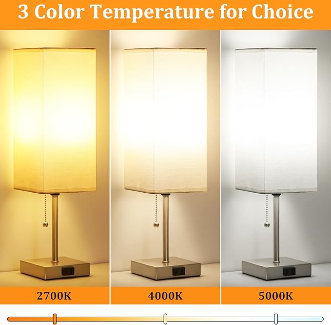 Table Lamp for Bedroom set of 2,3-Color Bedside Lamps with Pull Chain Table Lamps for Nightstand with AC Outlets,18'' Night Light Lamps with 2 Bulbs Lamps for Living Room Kids Office Decor（Nickel）