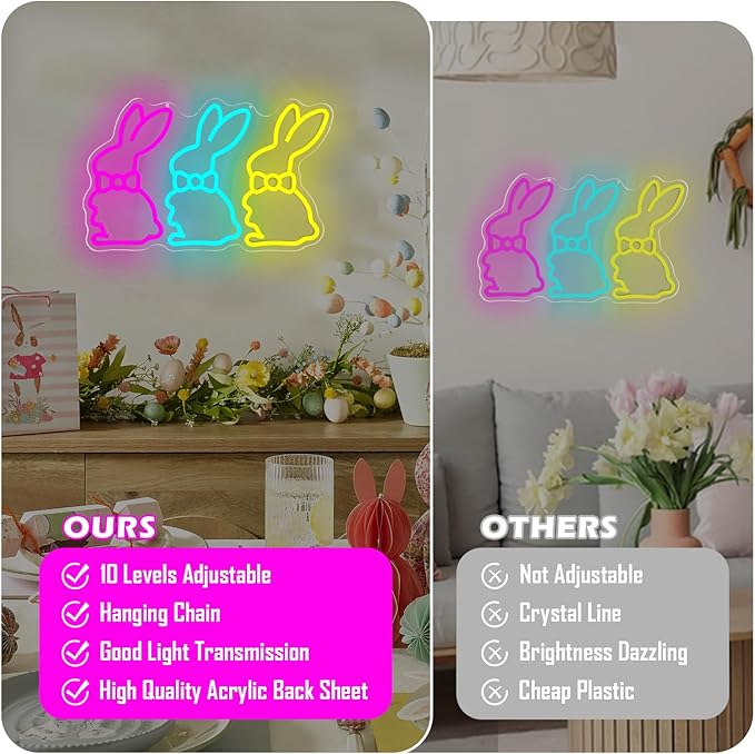 Easter Neon Sign Bunny Neon Light for Bedroom Home Three Rabbits Neon Window Lights Bunny LED Signs Easter Decor for Wall Cute Bow Rabbits Tabletop Decorations for Party