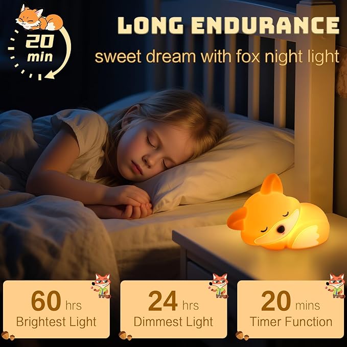 Cute Fox Lamp, Fox Night Light for Kids, Xmas White Elephant Gifts, Squishy Rechargeable Dimmable Toy, LED Woodland Animal Nightlight, Fall Room Décor, Touch Light Up Foxes, Safe Silicone